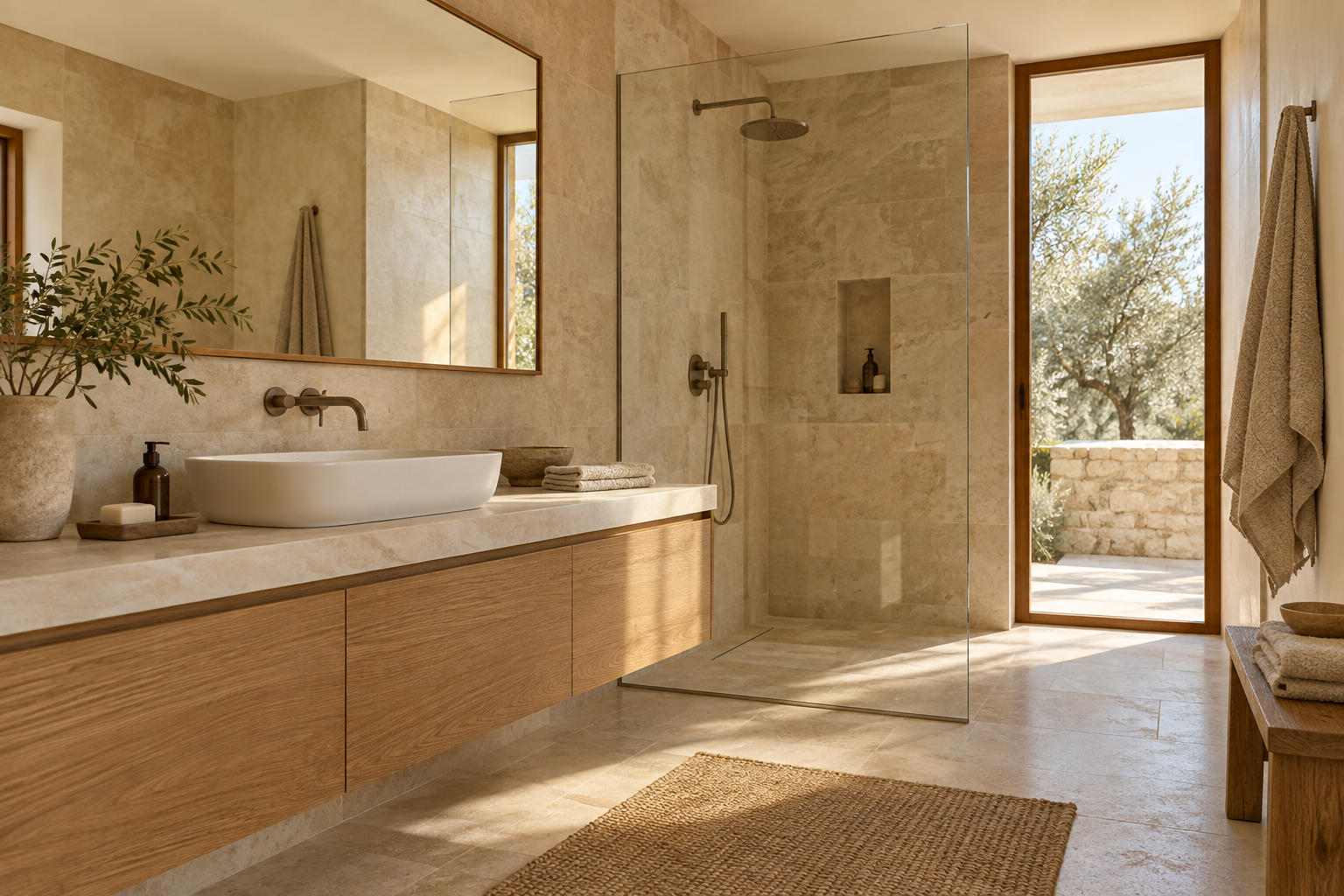 Baño reformado con piedra beige, mueble de roble y ducha acristalada