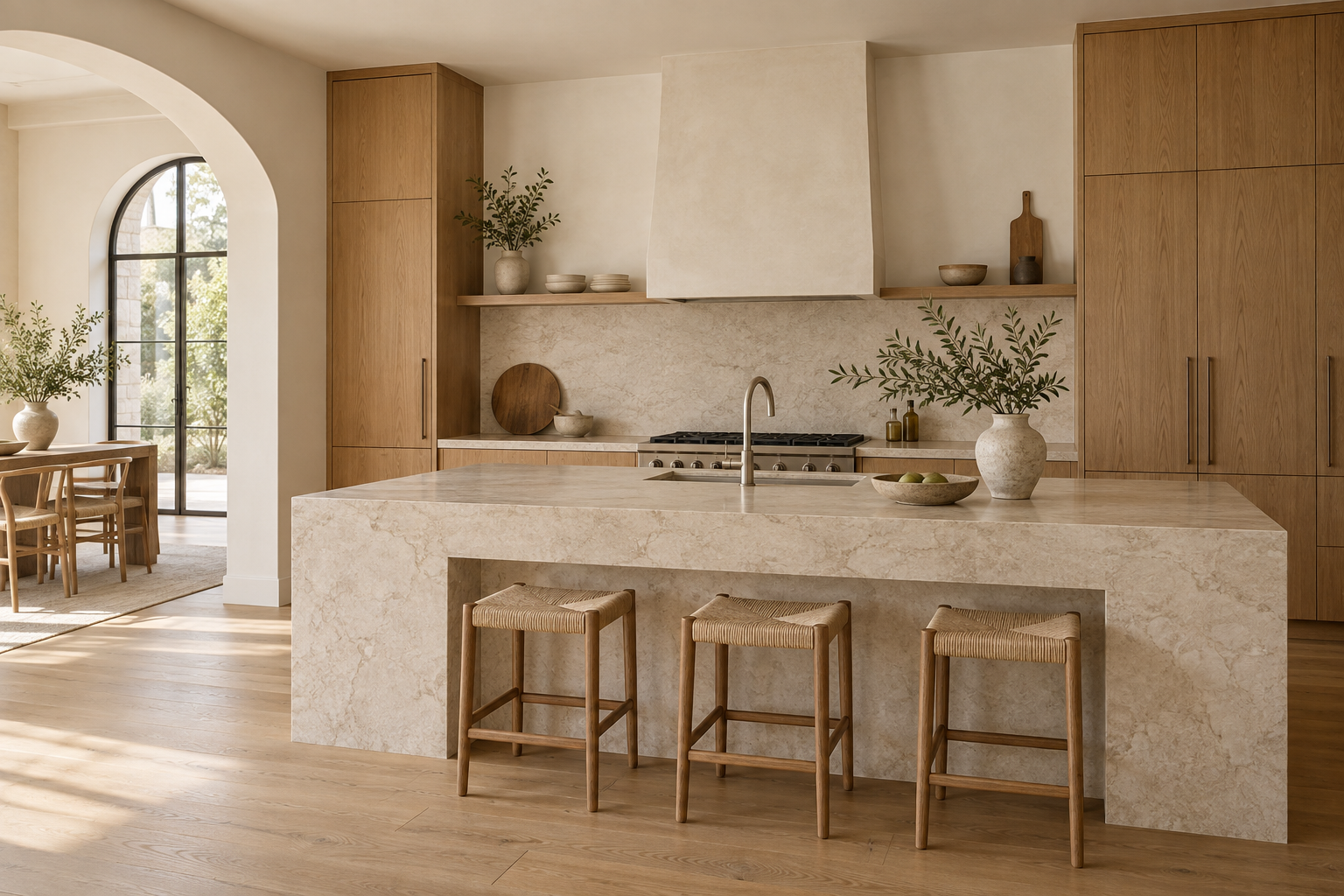 Cocina reformada con muebles de roble, isla y encimera clara